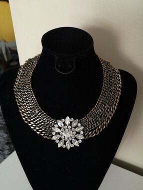 Unique Estate Jewelry Necklace Brutalist Style Brass w Rhinestone Pendant 7"